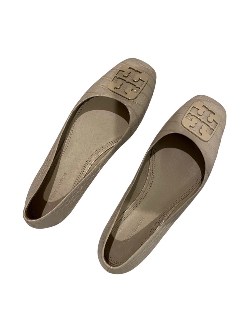 Tory Burch Georgia Square Toe Ballet Flats New Cream Croc Leather Size 8.5M